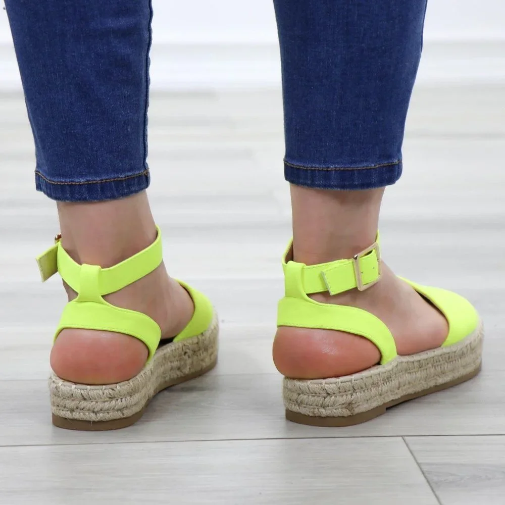Neon Yellow Espadrille Ankle-Strap Sandals